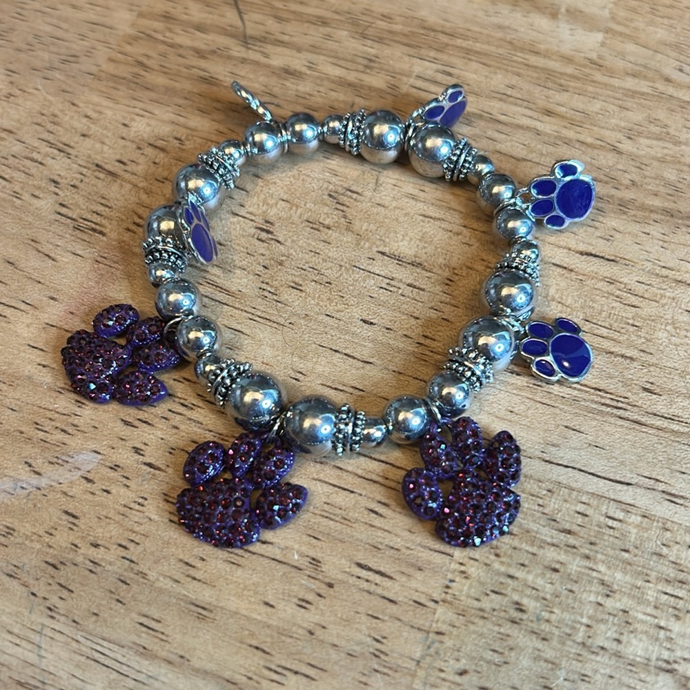 Amethyst Crystal Paw Print Charms Antique Silver Bead Stretch Bracelet - Picture 2 of 4